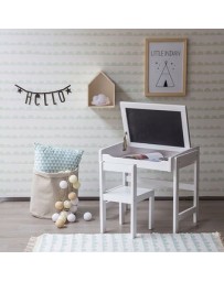 Mesa de Trabajo Pupitre Escritorio con Silla Infantil, Vintage Home Design, Noby, Madera de Pino Pizarra Cajón Inferior-Blanco -