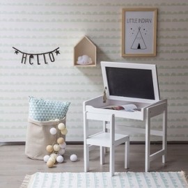 Mesa de Trabajo Pupitre Escritorio con Silla Infantil, Vintage Home Design, Noby, Madera de Pino Pizarra Cajón Inferior-Blanco -