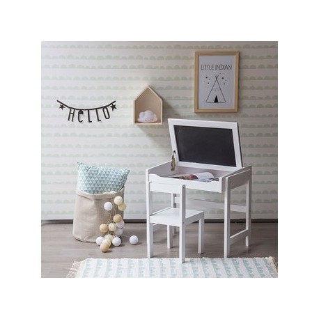 Mesa de Trabajo Pupitre Escritorio con Silla Infantil, Vintage Home Design, Noby, Madera de Pino Pizarra Cajón Inferior-Blanco -