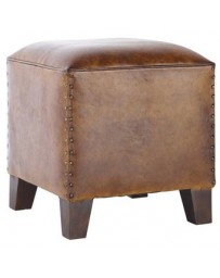 Puff De Piel, Vintage Home Designe, Paris, Forrado En Piel Con Patas De Madera Y Remaches En Los Costados Color Café- Café - Env