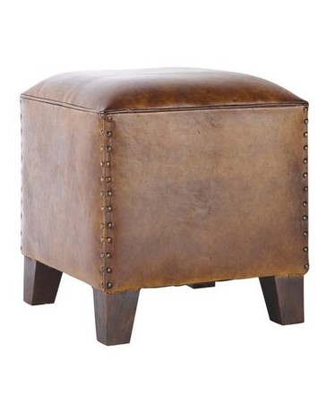 Puff De Piel, Vintage Home Designe, Paris, Forrado En Piel Con Patas De Madera Y Remaches En Los Costados Color Café- Café - Env